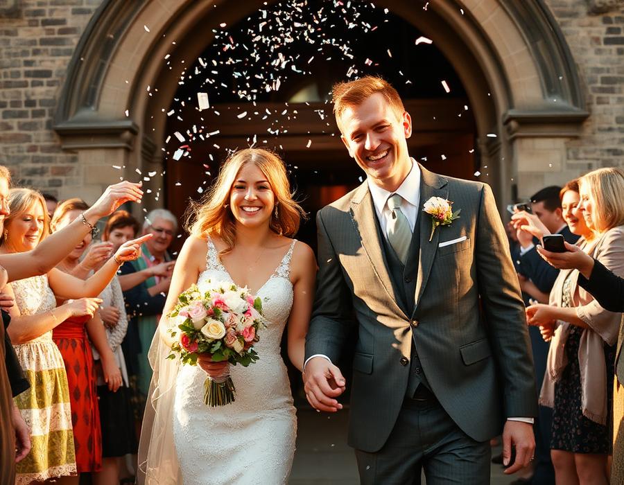 A couple walking hand in hand through falling confetti as wedding guests cheer around them.