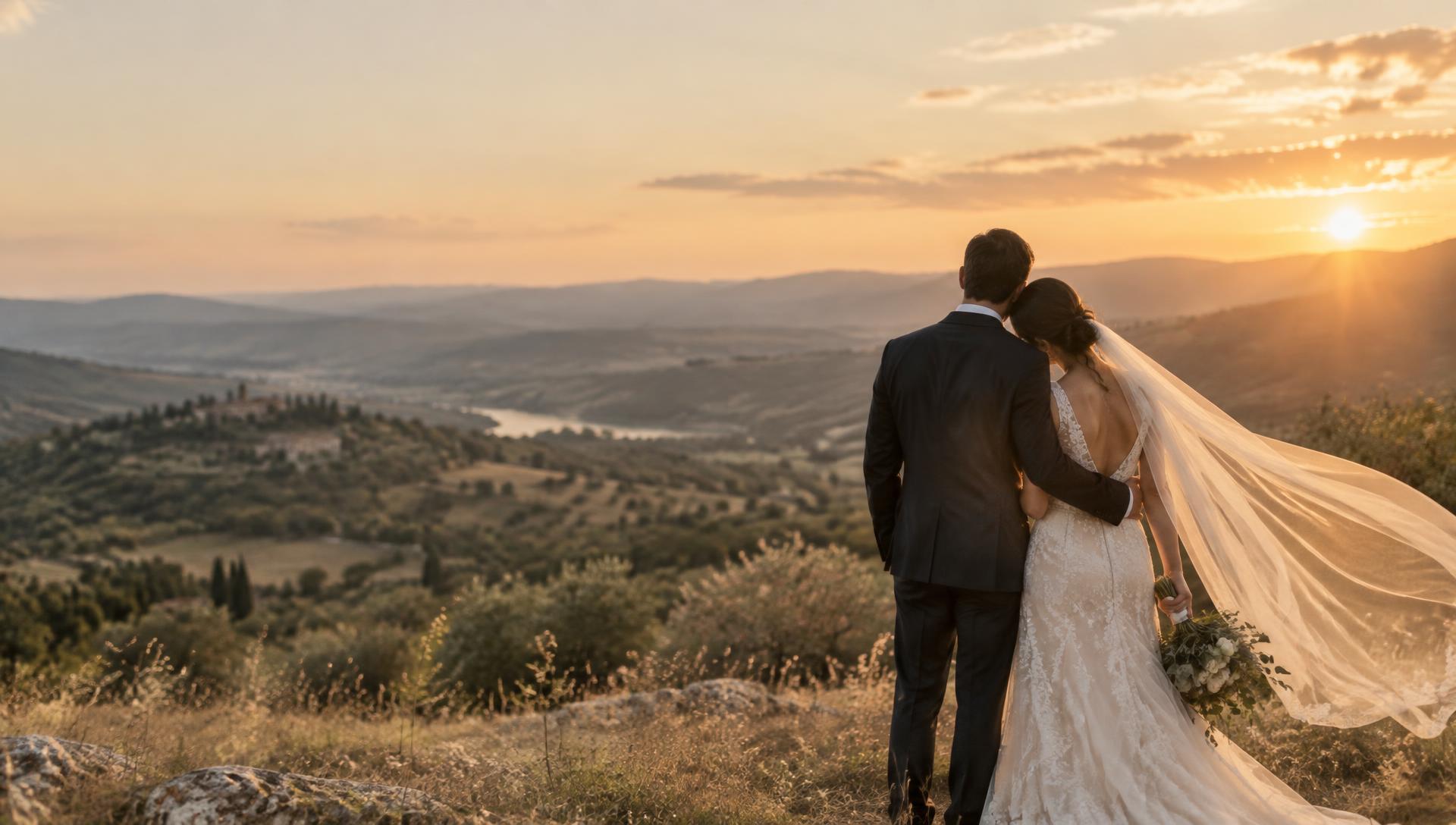 A couple watching the sunset together on a hillside after their wedding