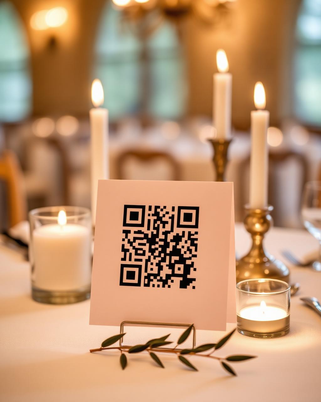 A MomentDrops QR card on a candlelit reception table