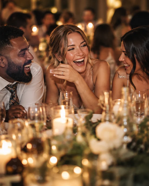 Friends laughing together around a candlelit wedding reception table.